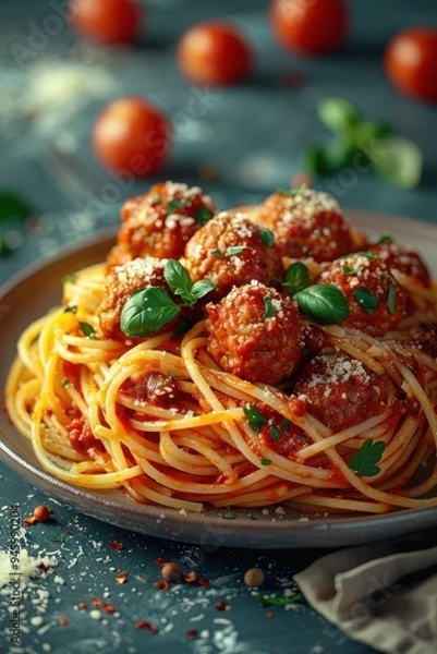 Fototapeta A close-up shot of a plate of spaghetti with meatballs, tomato sauce, and basil. The dish is garnished with grated Parmesan cheese and fresh parsley
