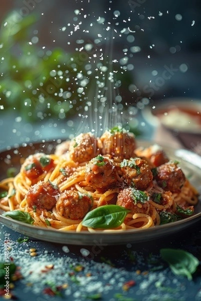 Fototapeta Close-up of a plate of spaghetti with meatballs and parmesan cheese. The image features a blue background with a blurry green plant in the background