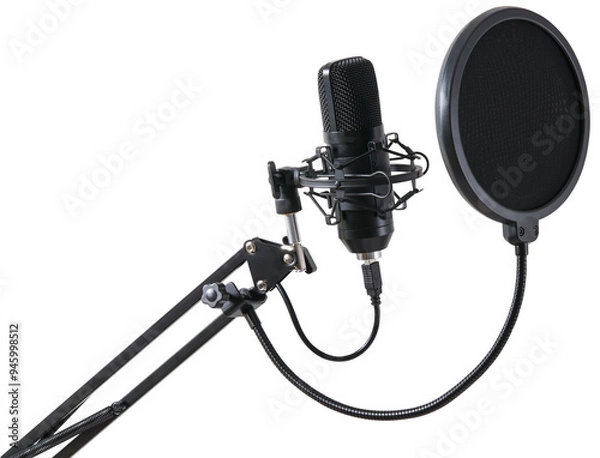 Obraz Professional studio microphone for voice recording with pop filter isolated on a transparent background.