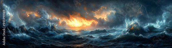 Fototapeta A powerful, ultra-realistic depiction of a stormy sea, with crashing waves and dark, ominous clouds. The scene is both dramatic and intense.