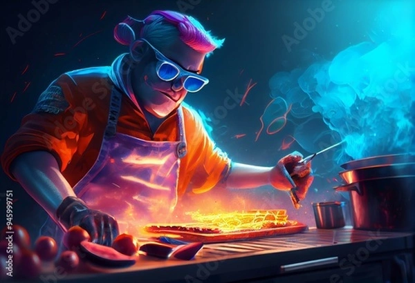 Obraz A cool cook with glasses cooks food on fire. An elderly man chef is cooking steaks on fire, photo Art style. High dynamics in the photo, beautiful composition, cooking. Neon-style picture 