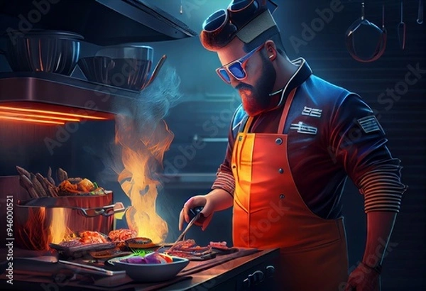Obraz A cool cook with glasses cooks food on fire. An elderly man chef is cooking steaks on fire, photo Art style. High dynamics in the photo, beautiful composition, cooking