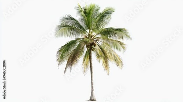 Fototapeta A tall palm tree with lush green fronds and a slender trunk against a white background.