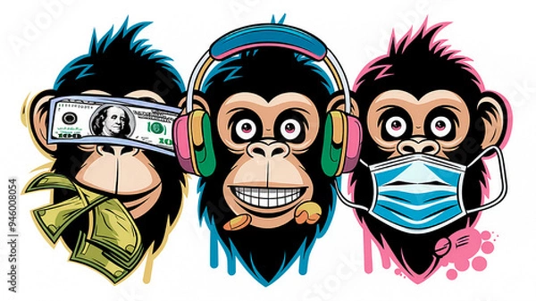 Fototapeta A hyper-pop art piece reimagining the "Three Wise Monkeys" proverb in a minimalist and contempora