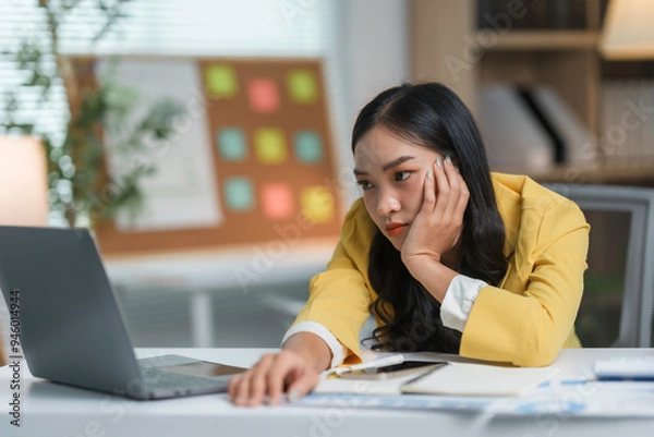 Fototapeta Young asian businesswoman feeling stressed and tired while working on laptop computer at office desk