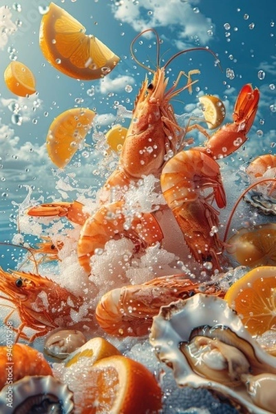 Fototapeta A vibrant seafood platter featuring plump shrimp, juicy oysters, and fresh lemon wedges, all splashing in a wave of icy water