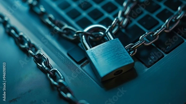 Fototapeta Cyber Security Concept with Padlock and Chain on Laptop Top View