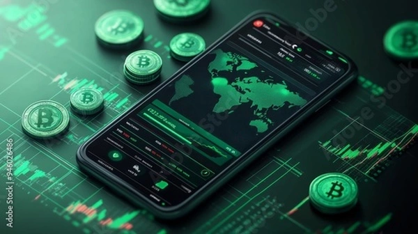 Obraz Cryptocurrency Bitcoin Trading App Phone Screen World Map