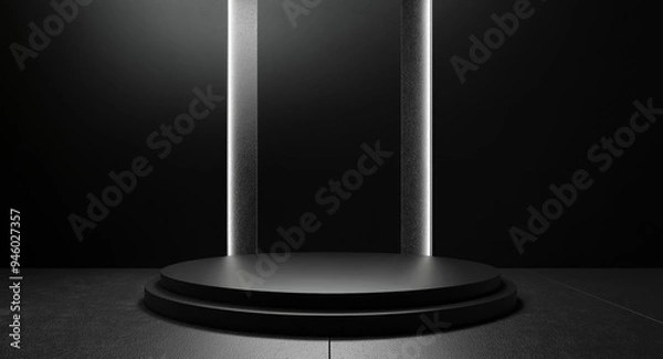 Fototapeta Black podium empty room stage copy space, black empty podium for product placement and design, empty black space with glowing light and minimalistic design