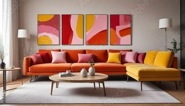 Fototapeta digital painting, A modern living room with a yellow sofa, a wooden coffee table, and three framed abstract paintings on the wall.