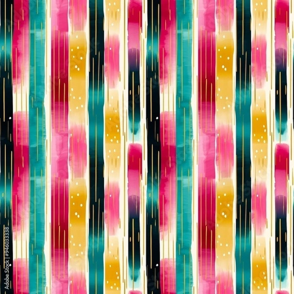 Fototapeta Abstract colourful watercolour seamless pattern with vertical stripes in pink, yellow, teal, black and white bright and vibrant colours and gold lines and glitter. 