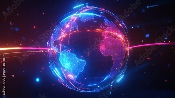 Obraz Neon Globe with Glowing Lines