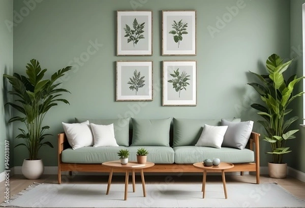Fototapeta A modern living room with a light green wall, a wooden sofa with white and gray cushions, and two framed botanical prints on the wall.
