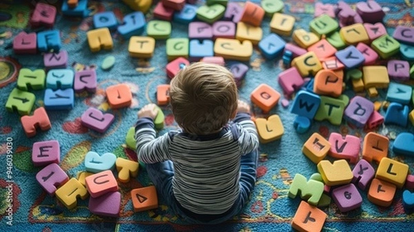 Fototapeta A child playing with foam alphabet blocks spread out on a play mat.