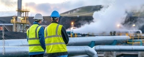 Fototapeta Two industrial workers wearing safety gear inspect pipelines at a geothermal power plant with steam rising in the background.