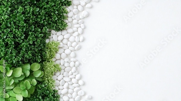 Fototapeta A lush green bush contrasts beautifully against a backdrop of smooth white pebbles, highlighting natural elements and textures ideal for garden landscaping and decor