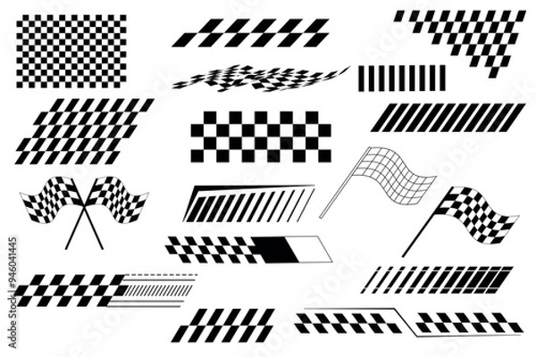 Fototapeta Set of sports racing stripes in flat cartoon design. An artistic arrangement showcasing various checkered patterns and racing flags in black and white. Vector illustration.