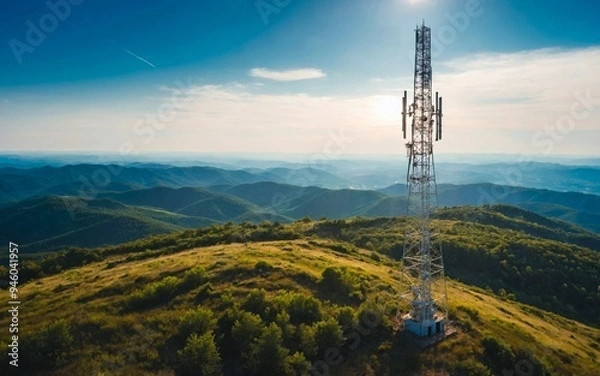 Obraz Signal tower antenna on mountain hill in rural nature. Wireless radio telecom communication frequency satellite receiver