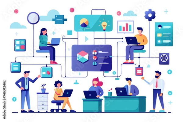 Fototapeta Office workflow diagram, working process, organization chart or corporate flowchart, task management, innovation working with AI artificial intelligence concept, business people on office workflow
