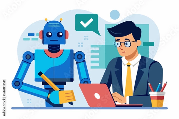 Fototapeta AI Artificial Intelligence work with human, robot or automation to help success, robot to replace human employment, job uncertainty concept, frustrated businessman working with pencil with AI robot
