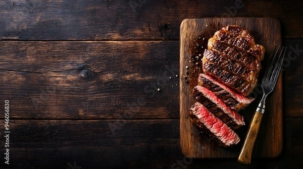 Fototapeta Sliced medium-rare beef steak on a dark wooden table with copy space, top view. Gourmet meat dinner background. Black slate plate and fork. BBQ grill food concept. Top-down view.