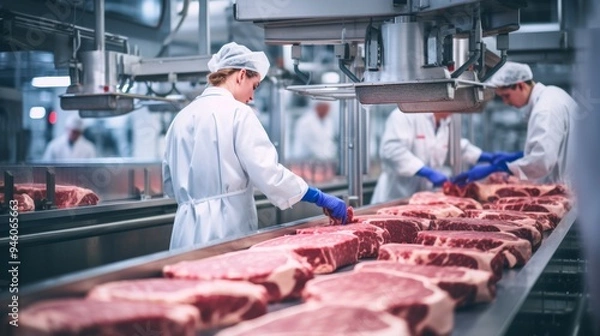 Fototapeta Production line in the food factory.Factory for the production of food from meat.Industrial equipment at a meat factory.Automated production line in modern food factory.People working..