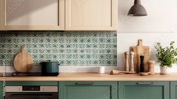 Fototapeta A rustic farmhouse kitchen with a tile backsplash made of hand-painted tiles in earthy tones, featuring botanical motifs