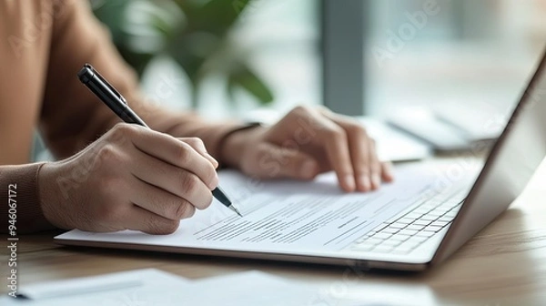 Fototapeta A close-up of a person filling out a job application form on a laptop, with a focused expression.