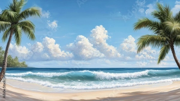 Fototapeta A tropical beach scene with palm trees, a sandy shore, and gentle waves in the background