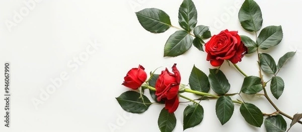 Fototapeta Beautiful red roses on green leaves with a cluster against a white background nature copyspace