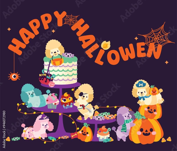 Fototapeta Happy halloween party greeting card with cute poodle puppy dog, flat and colorful illustration.
