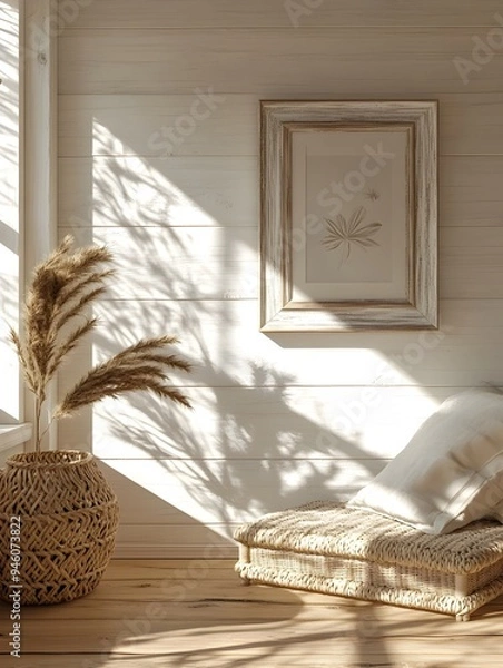 Fototapeta Cozy and inviting farmhouse style interior featuring a shabby chic picture frame whitewashed shiplap walls and natural woven accents in warm natural sunlight  3D of a charming