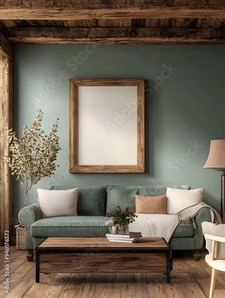 Fototapeta Cozy and inviting farmhouse style living room featuring a wooden frame mockup exposed beams a colorful accent wall and vintage inspired furnishings for a warm and welcoming atmosphere