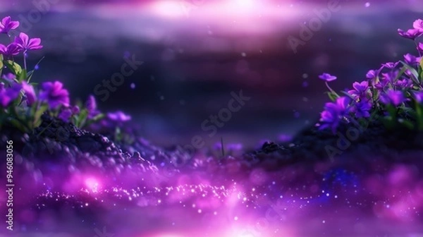 Fototapeta A dreamy landscape featuring vibrant purple flowers against a soft, mystical backdrop, ideal for enchanting design projects.