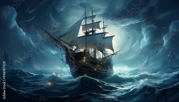 Fototapeta Ghost pirate ship on the high seas, Digital illustration, Generative AI