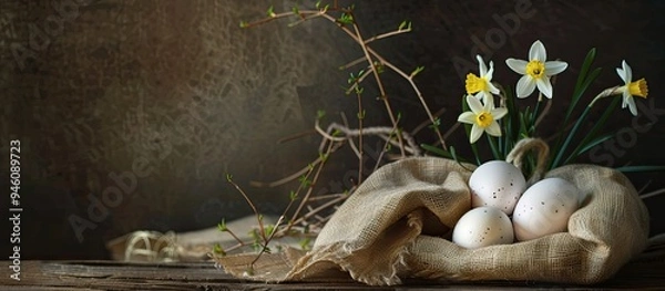 Fototapeta Easter eggs in a jute bag alongside narcissus and catkin on a wooden board. Copy space image. Place for adding text and design