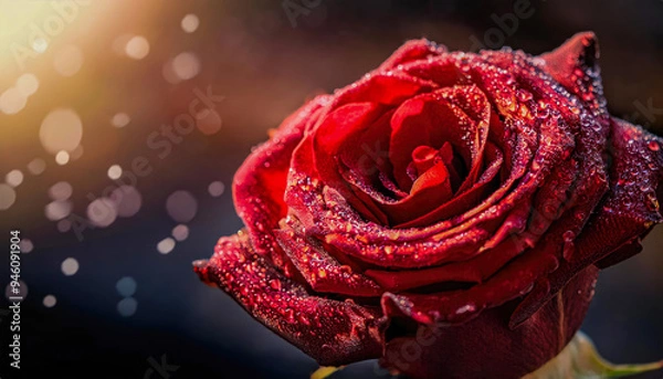 Fototapeta a red rose with water drops close up, dark background and light from the back
