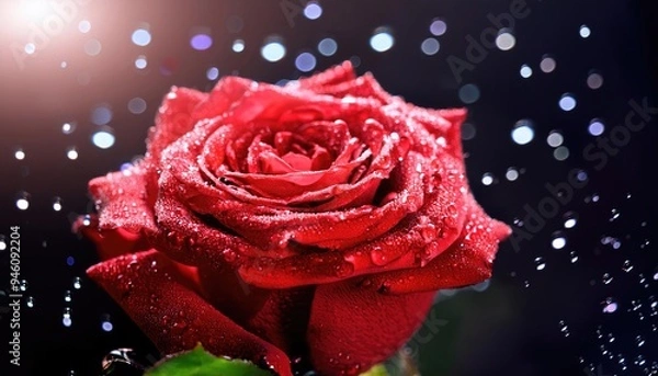 Fototapeta a red rose with water drops close up, dark background and light from the back