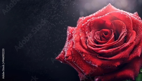 Fototapeta a red rose with water drops close up, dark background and light from the back