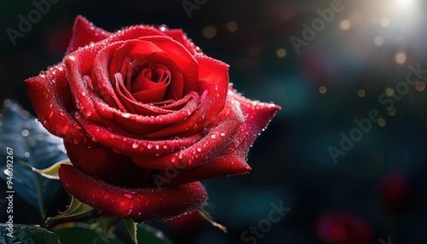 Fototapeta a red rose with water drops close up, dark background and light from the back