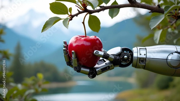 Obraz Robotic hand picks a red apple