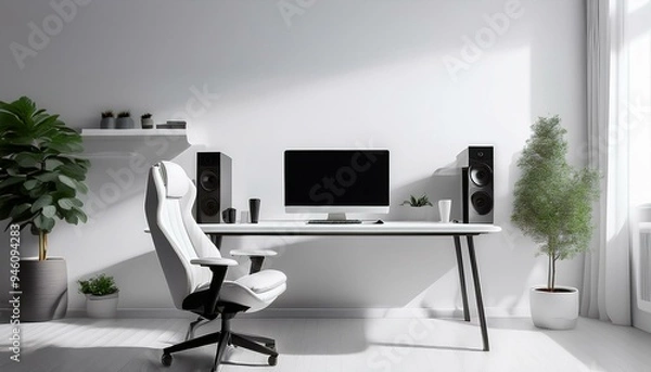 Fototapeta Modern and minimalist gamer setup with white colors, Gamer setup with table, chair, monitor and decor, Generative AI
