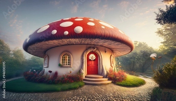 Fototapeta A charming, fairytale-like house designed to resemble a giant red and white mushroom. The building has a whimsical, rounded shape with a large red cap roof adorned with white spots, mimicking a classi