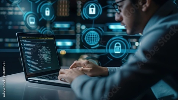 Fototapeta System administrator works on laptop developing software for data protection, reducing vulnerability in network. Cyber security concept involves computer network and communication.