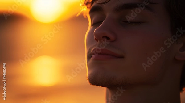 Fototapeta Close-up of a man with closed eyes, a slight smile on his face, basking in the warm golden light of a sunset, his skin glowing softly, capturing a moment of pure tranquility
