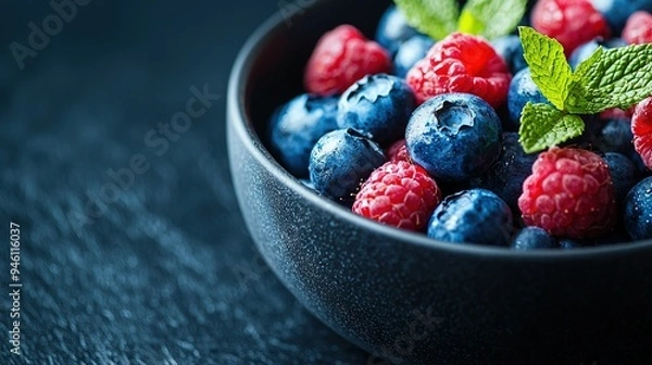 Fototapeta   A bowl of mixed berries and mint on a dark background