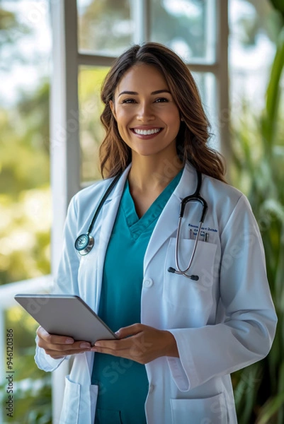 Obraz A smiling female doctor standing in front of a camera
