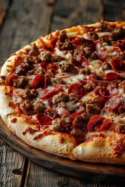Fototapeta A delicious meat lover's pizza topped with pepperoni and sausage on a rustic wooden table, inviting and ready to serve for a meal