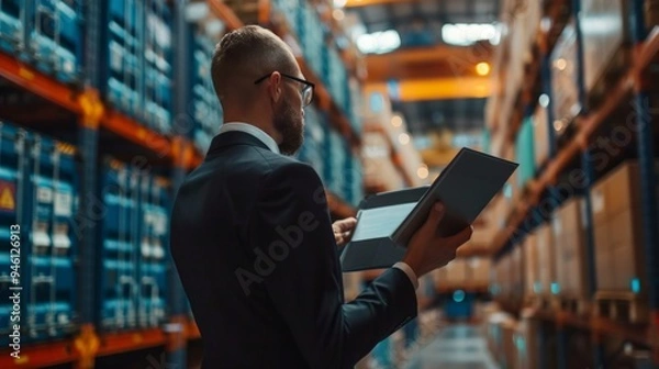Fototapeta A man in a suit and glasses does inventory check in a warehouse with shelves of cardboard boxes, creating a professional atmosphere.