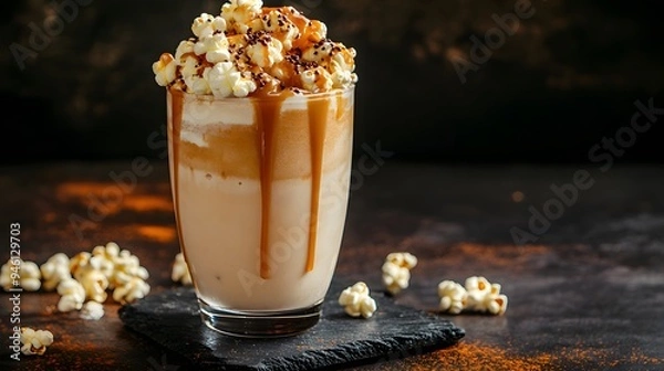 Fototapeta A fashionable milkshake with caramel and popcorn in a glass on a dark background, close-up,